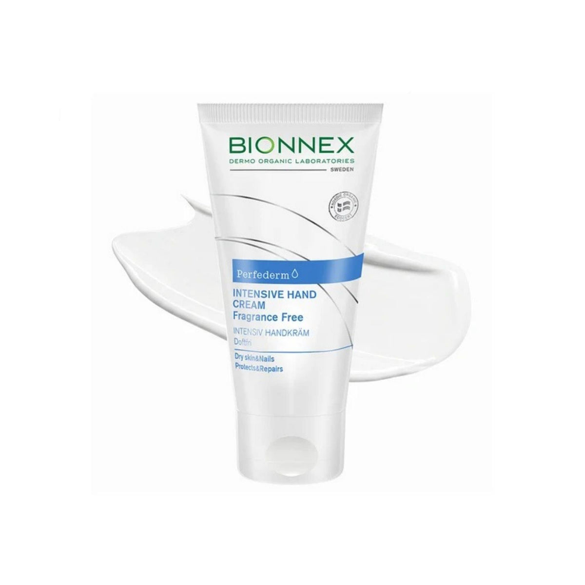Refect Beauty Bionnex Perfederm intensive hand care cream in a white squeeze tube with a smear of cream behind it.