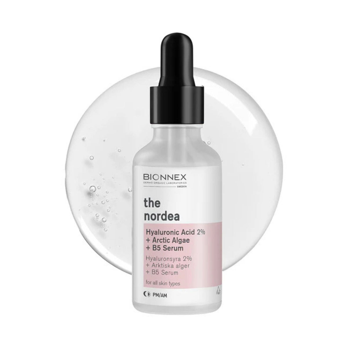 Refect Beauty Bionnex The Nordea hyaluronic acid serum bottle with dropper, featuring arctic algae and vitamin B5.
