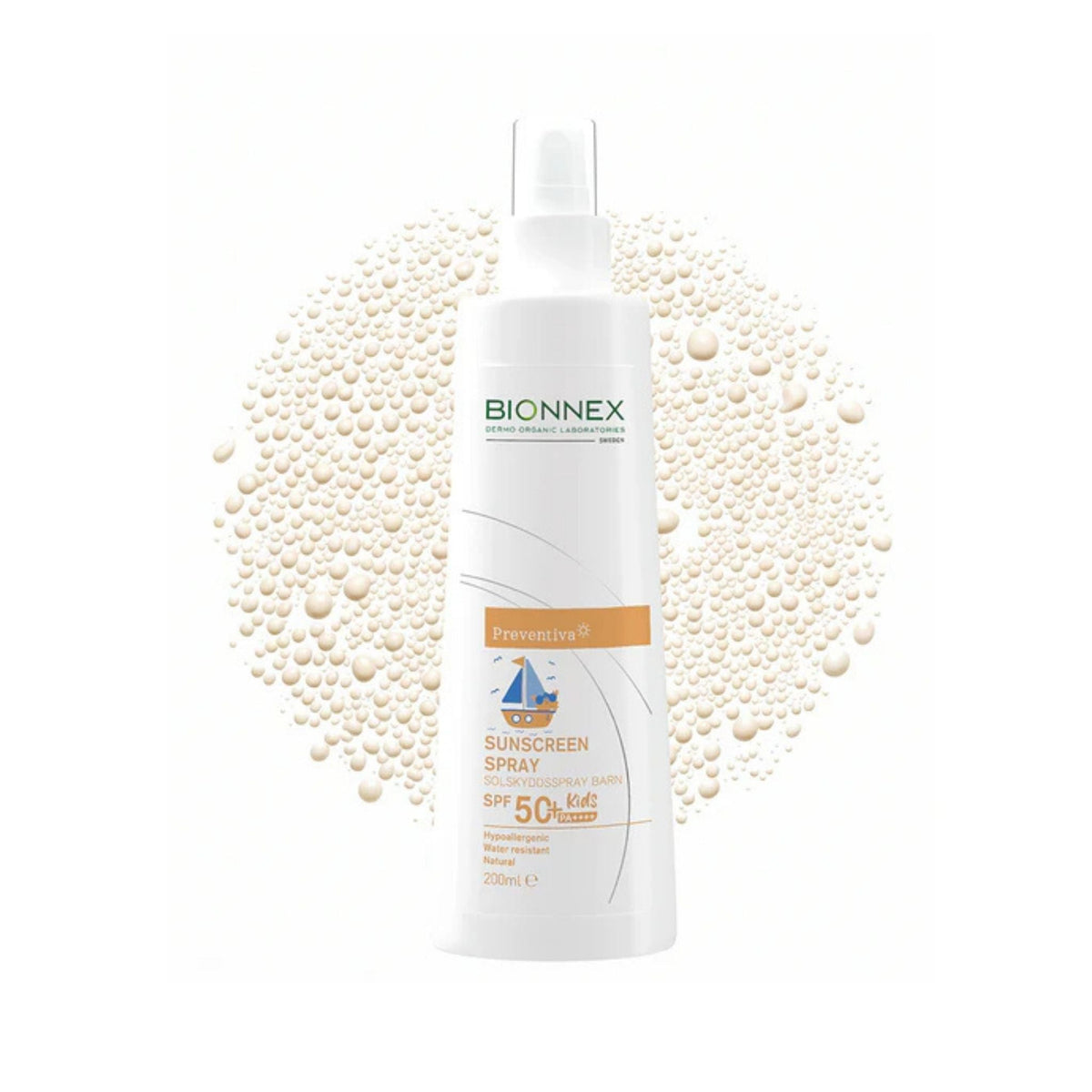Refect Beauty Bionnex Preventiva SPF50+ kids sunscreen spray bottle with white packaging and orange accents