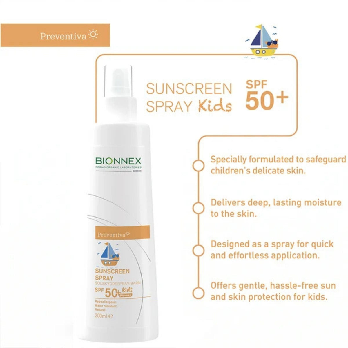 Refect Beauty Bionnex Preventiva SPF50+ kids sunscreen spray bottle with white packaging and sailboat illustration