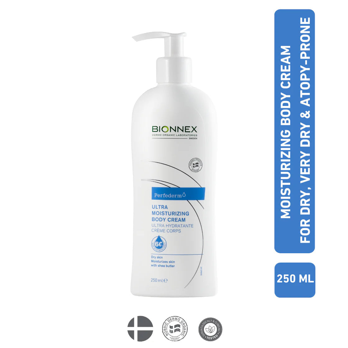 Refect Beauty Bionnex Perfederm ultra moisturizing body cream in a 250ml pump bottle for dry and atopic-prone skin.