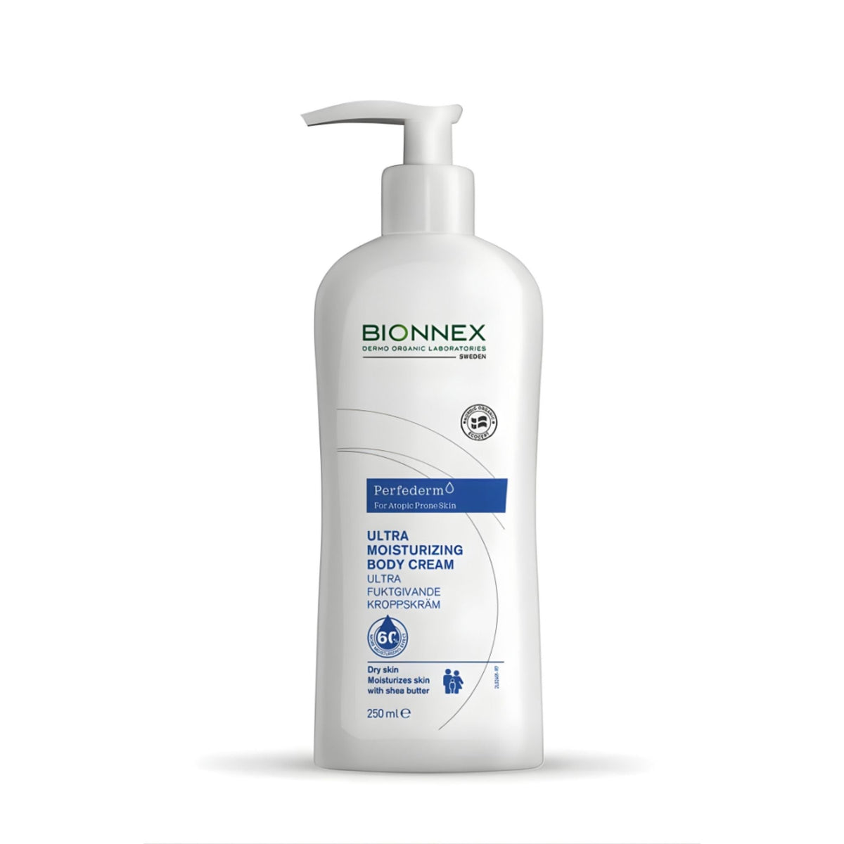Refect Beauty Bionnex Perfederm ultra moisturizing body cream in a white pump bottle for dry and atopic-prone skin.