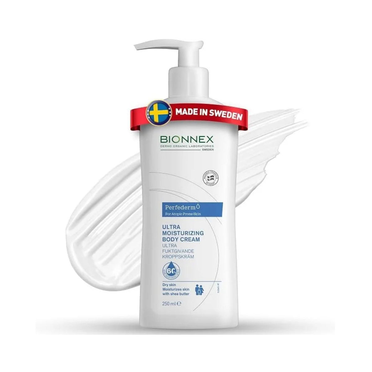 Refect Beauty Bionnex Moisturising Body Cream in a white pump bottle for dry and atopic-prone skin with cream smear