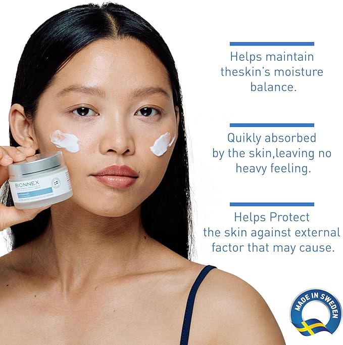 Refect Beauty Bionnex Perfederm face cream jar held by a woman with cream applied to her cheeks for dry skin care.