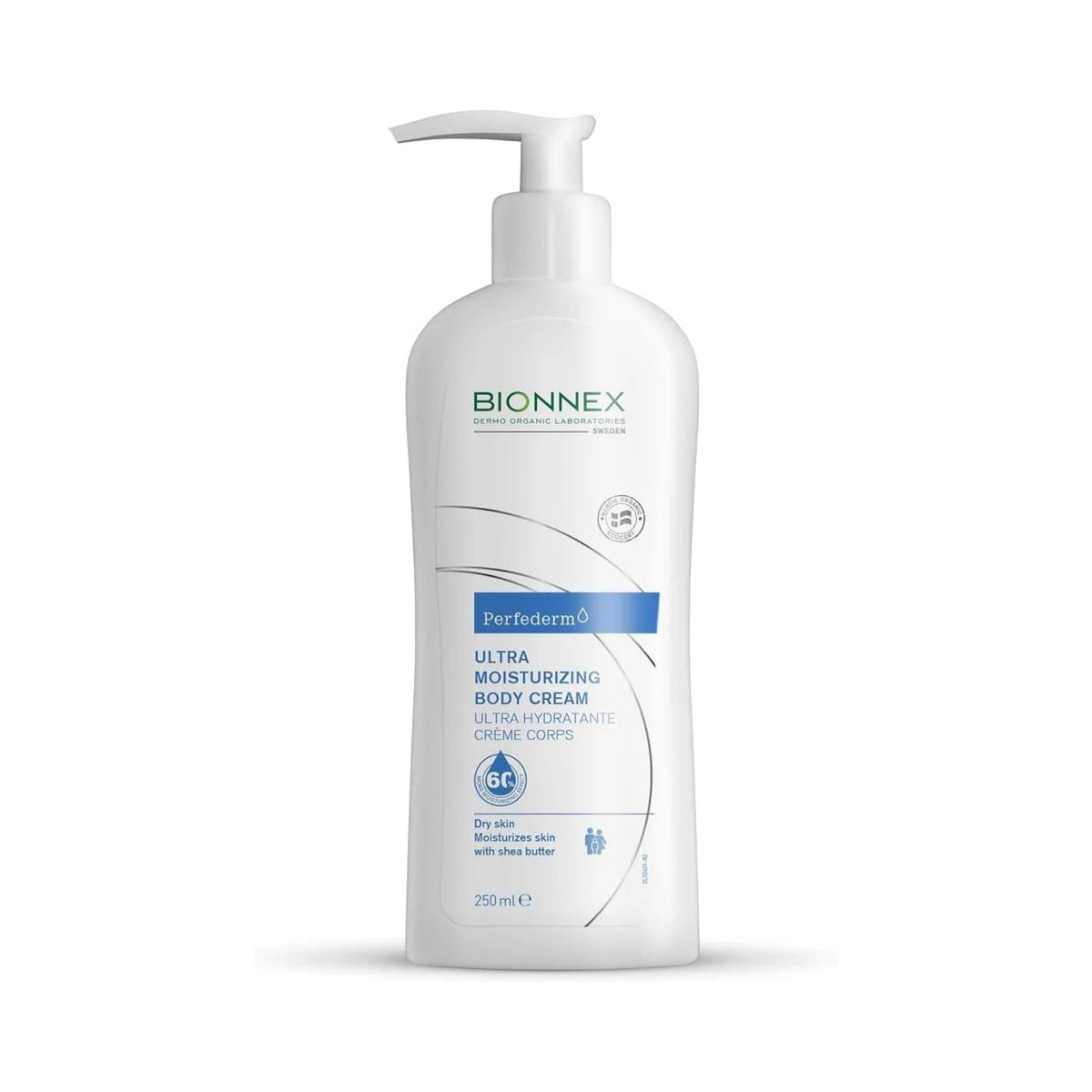 Refect Beauty Bionnex ultra moisturizing body cream in a white 250ml pump bottle for dry and atopic-prone skin.