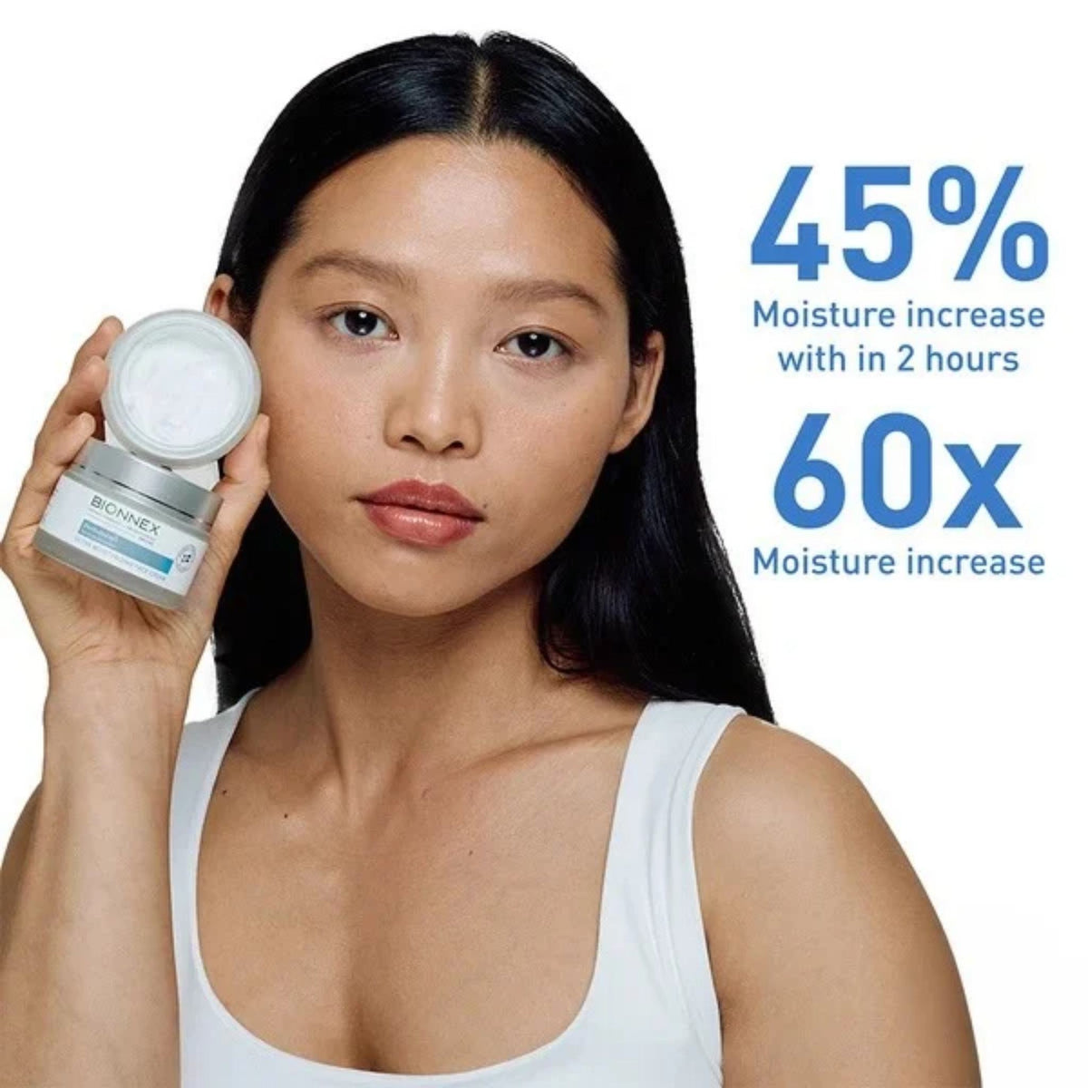 Refect Beauty model holding Bionnex Perfederm moisturizing face cream for dry skin with moisture increase statistics