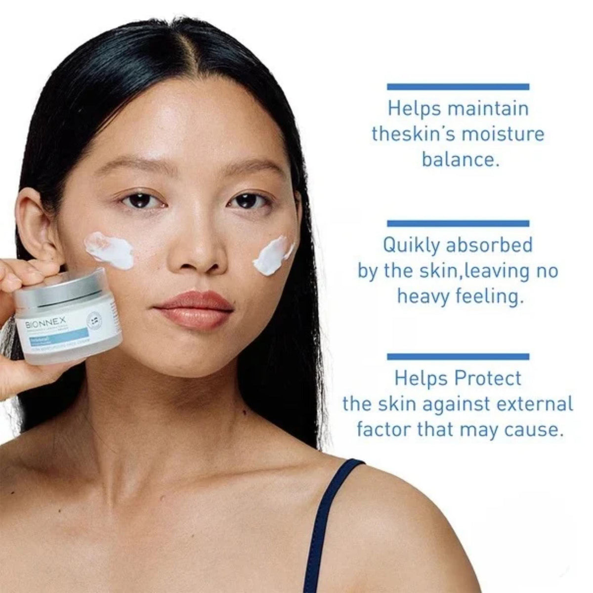 Refect Beauty Bionnex Perfederm face cream on a woman with cream dots on her cheeks for dry and atopic-prone skin.