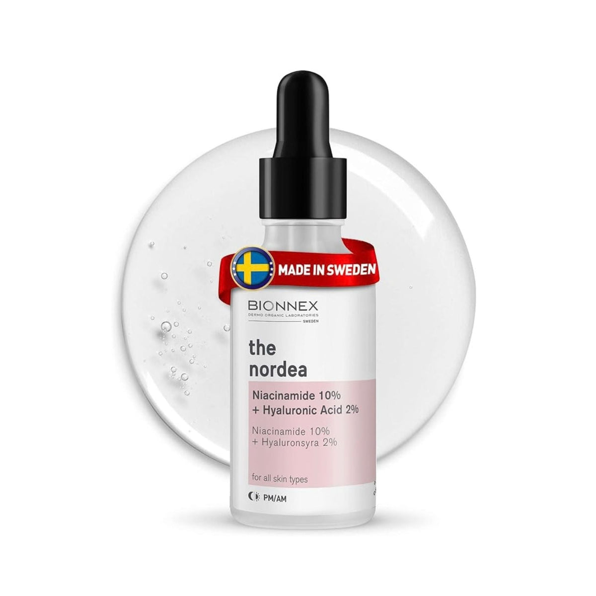 Refect Beauty Bionnex THE NORDEA Niacinamide and Hyaluronic Acid serum bottle with dropper against a clear splash