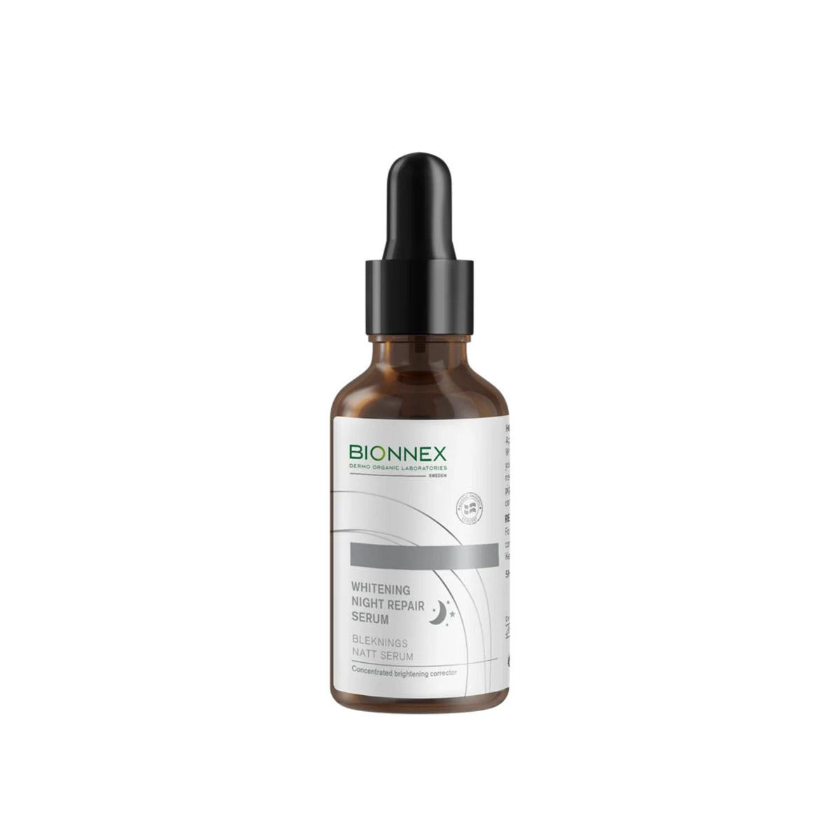Refect Beauty Bionnex Pigmentia Whitening Night Repair Serum in an amber glass dropper bottle for dark spot treatment.