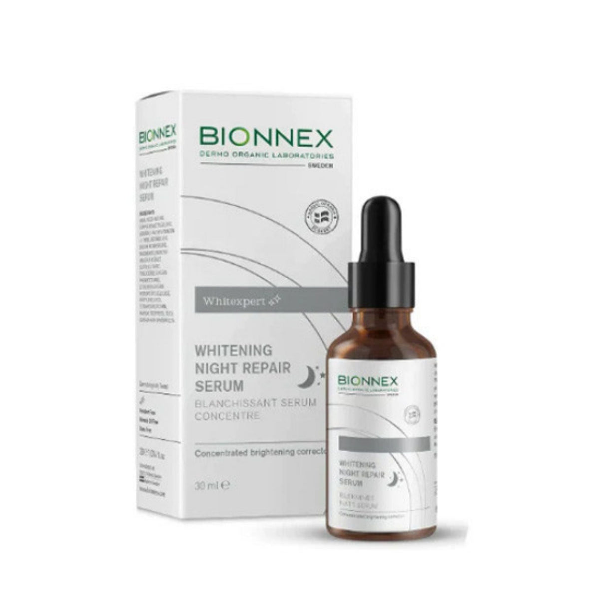 Refect Beauty Bionnex Pigmentia whitening night repair serum bottle and packaging box for dark spot reduction.