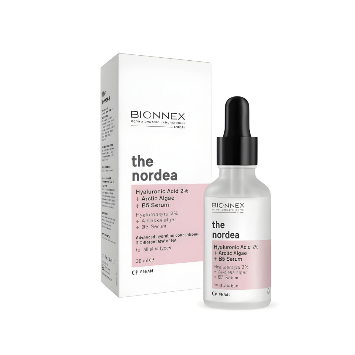 Refect Beauty Bionnex The Nordea hyaluronic acid serum bottle and packaging box with arctic algae and vitamin B5