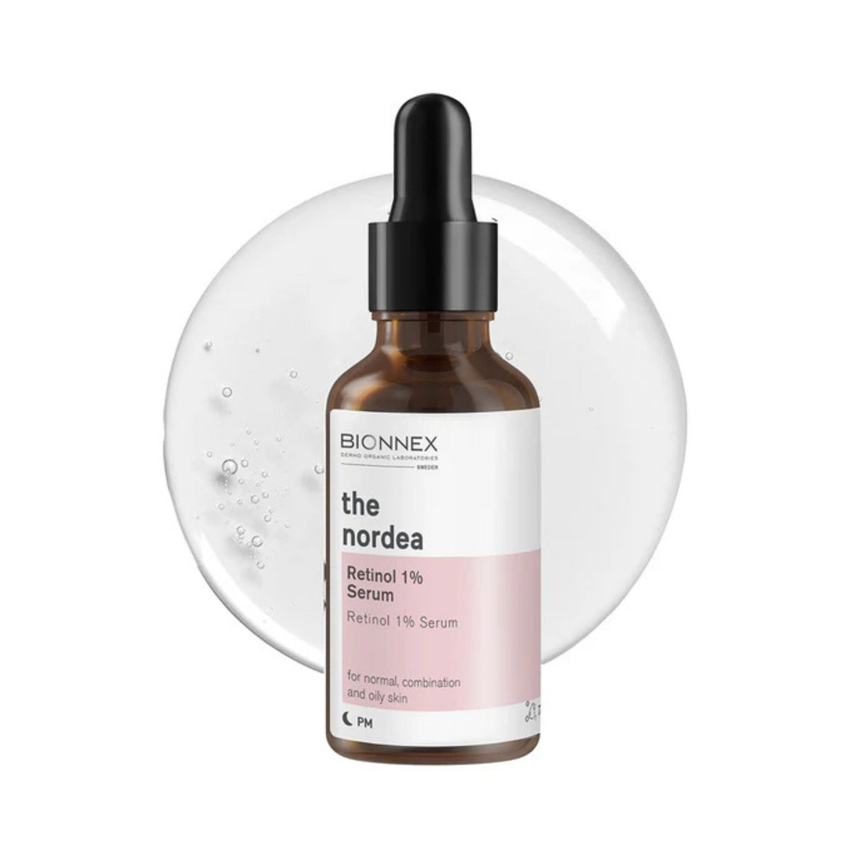 Refect Beauty Bionnex The Nordea 1% Retinol Serum in an amber glass dropper bottle for anti-aging skincare.