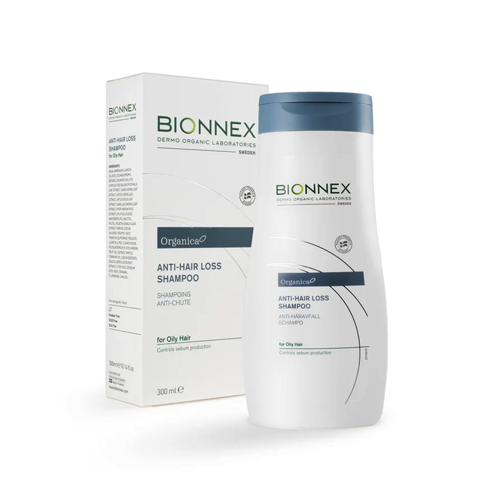 Refect Beauty Bionnex Organica anti-hair loss shampoo for oily hair in a white bottle and matching product box.