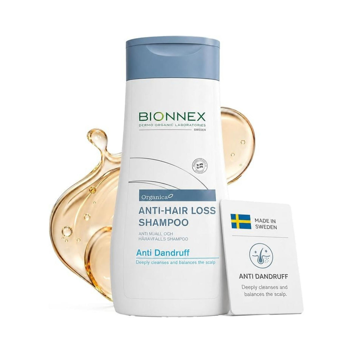 Refect Beauty Bionnex Organica anti-dandruff shampoo bottle with botanical extract splash and Swedish quality label