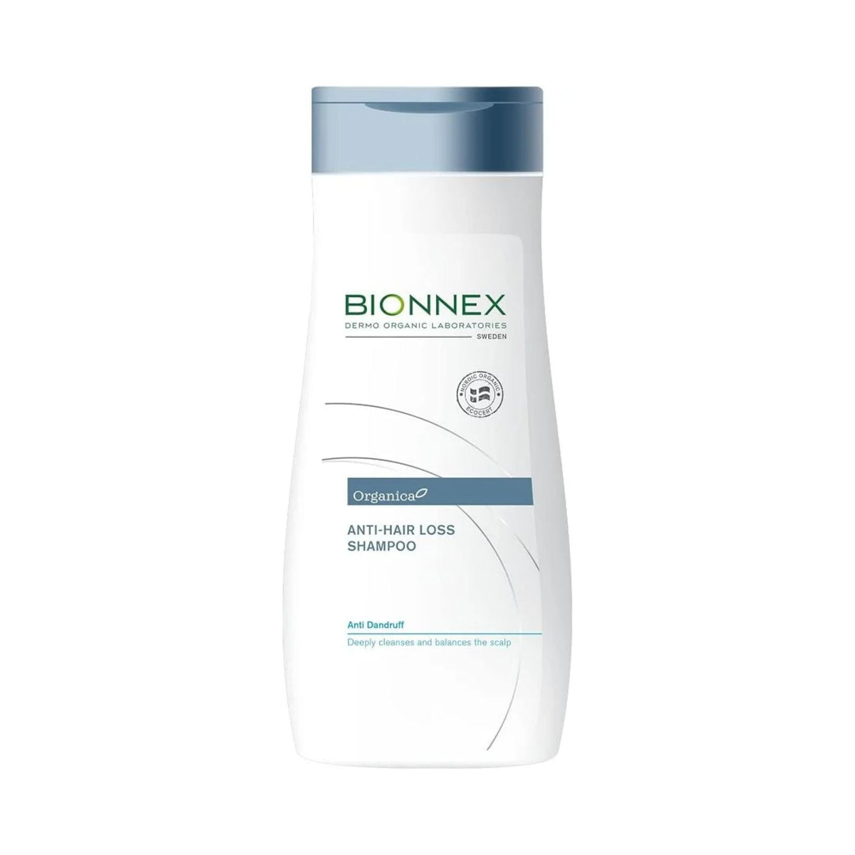 Refect Beauty Bionnex Organica anti-hair loss and anti-dandruff shampoo in a white bottle with a blue cap.