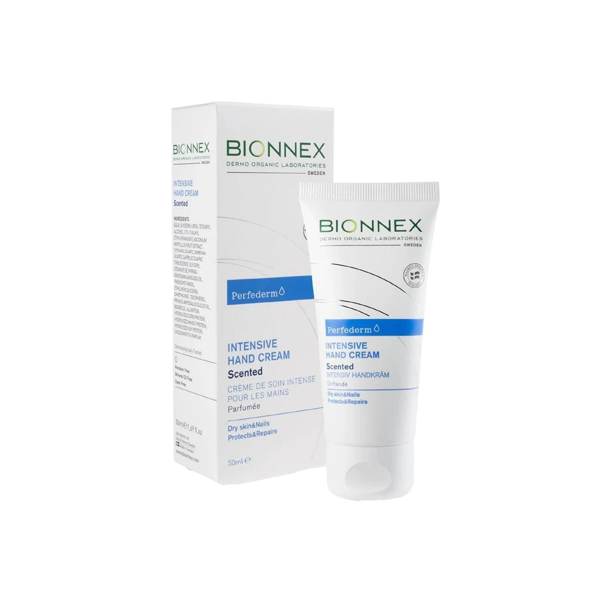Refect Beauty Bionnex Perfederm intensive scented hand cream tube and packaging box for dry skin and nail care.