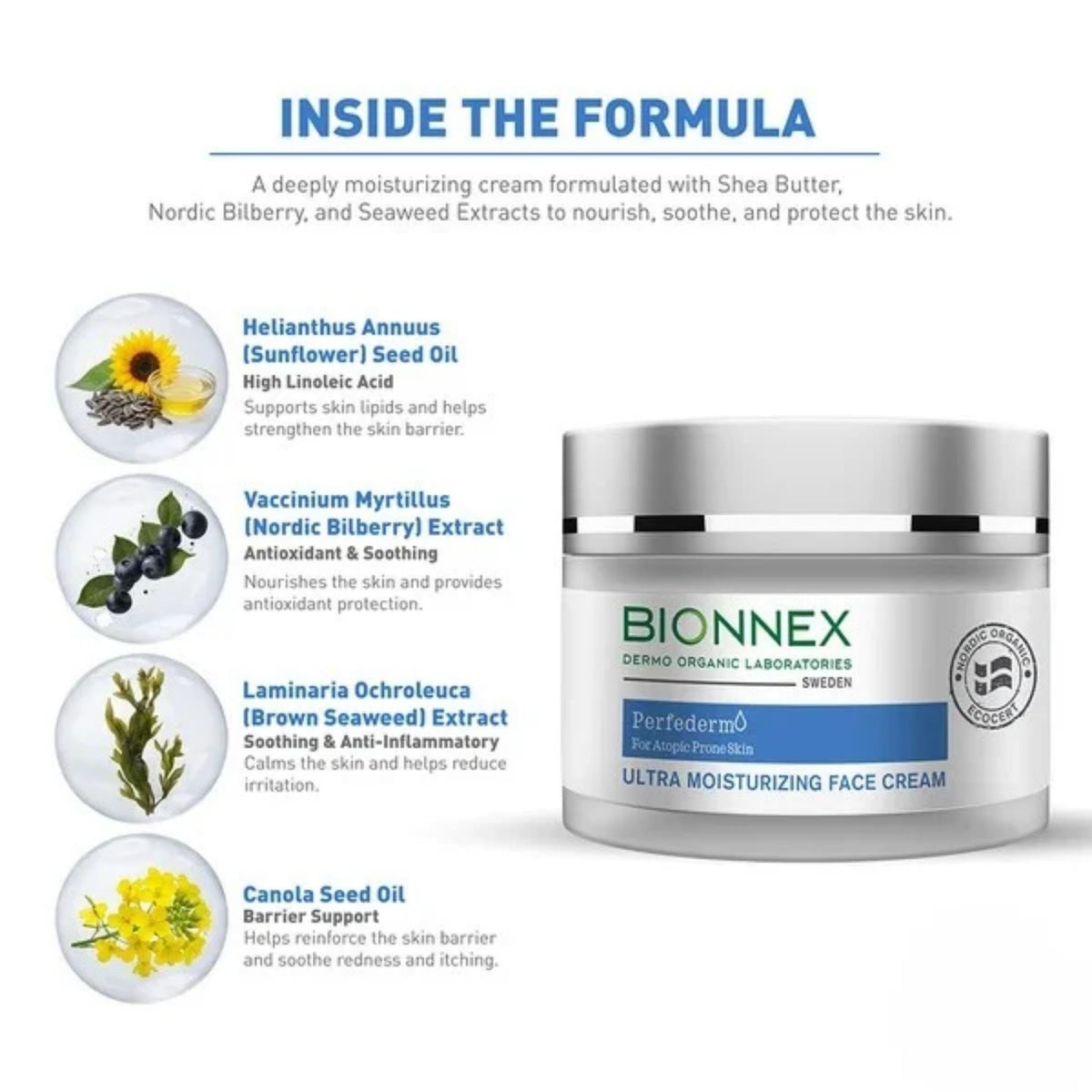 Refect Beauty Bionnex Perfederm face cream jar with infographic showing key ingredients like bilberry and seaweed.