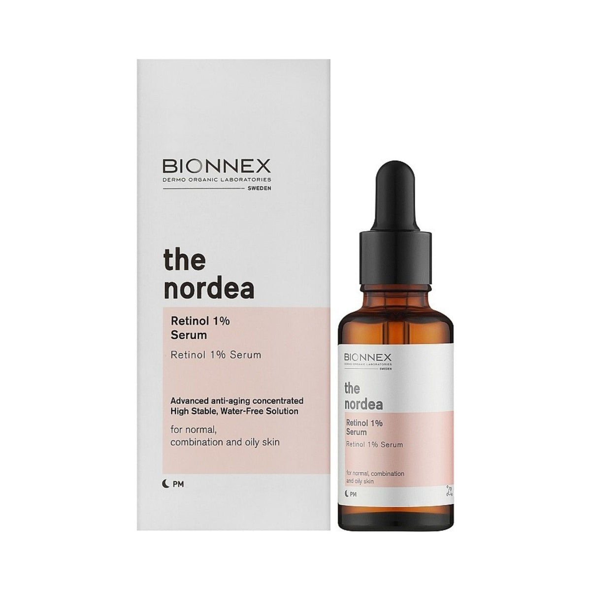 Refect Beauty Bionnex The Nordea 1% Retinol Serum in an amber glass dropper bottle with its white product box.