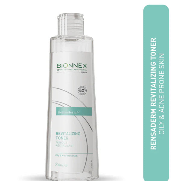 Refect Beauty Bionnex Rensaderm Revitalizing Toner for oily and acne-prone skin in a 200ml clear plastic bottle.
