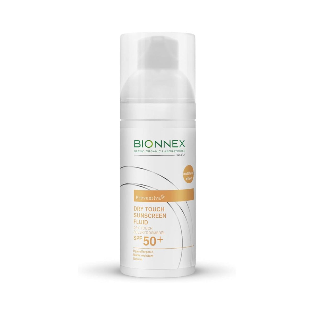 Refect Beauty Bionnex Preventiva SPF50+ dry touch sunscreen fluid in a white pump bottle for oily and sensitive skin.