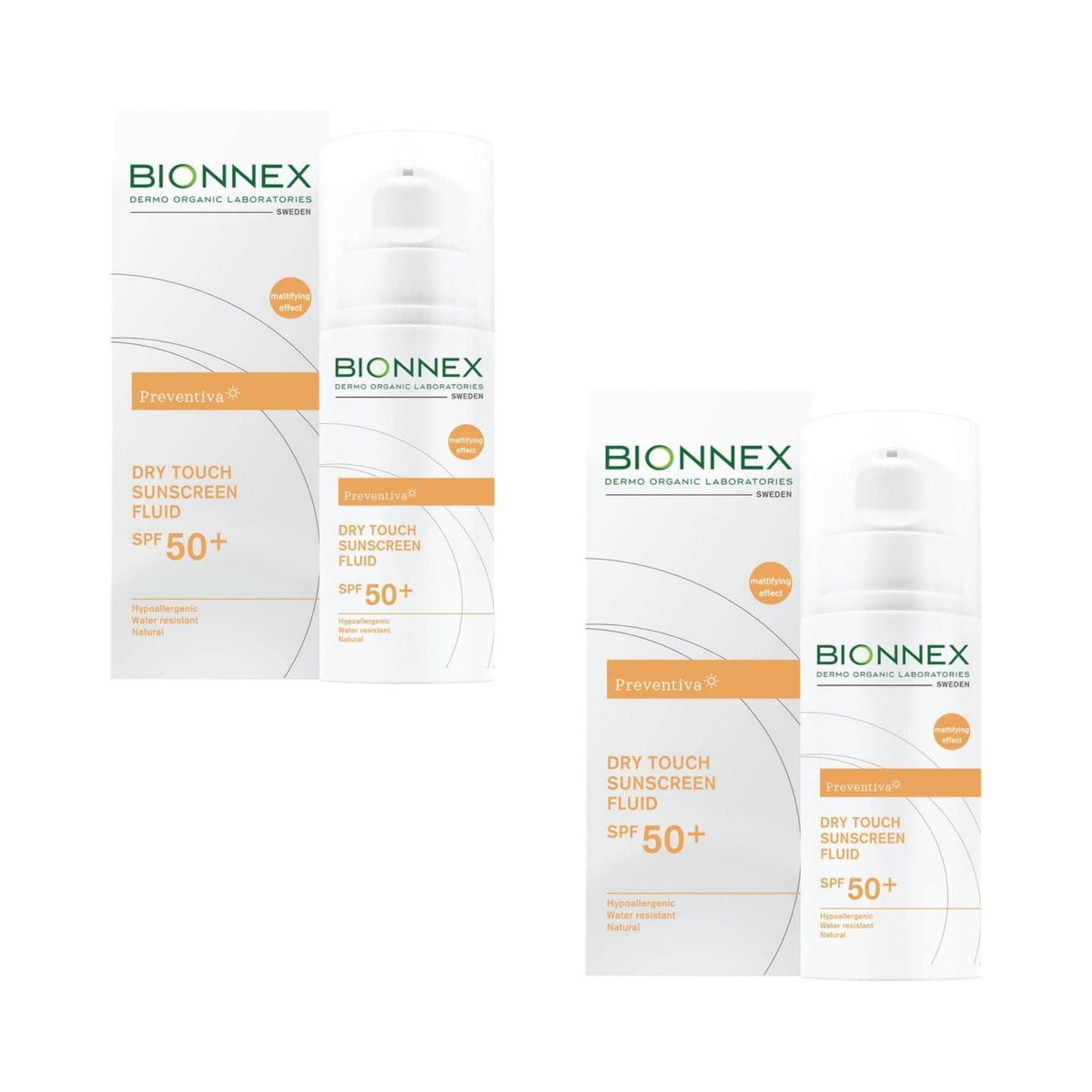 Refect Beauty Bionnex Preventiva SPF 50+ dry touch sunscreen fluid twin pack with two bottles and outer boxes