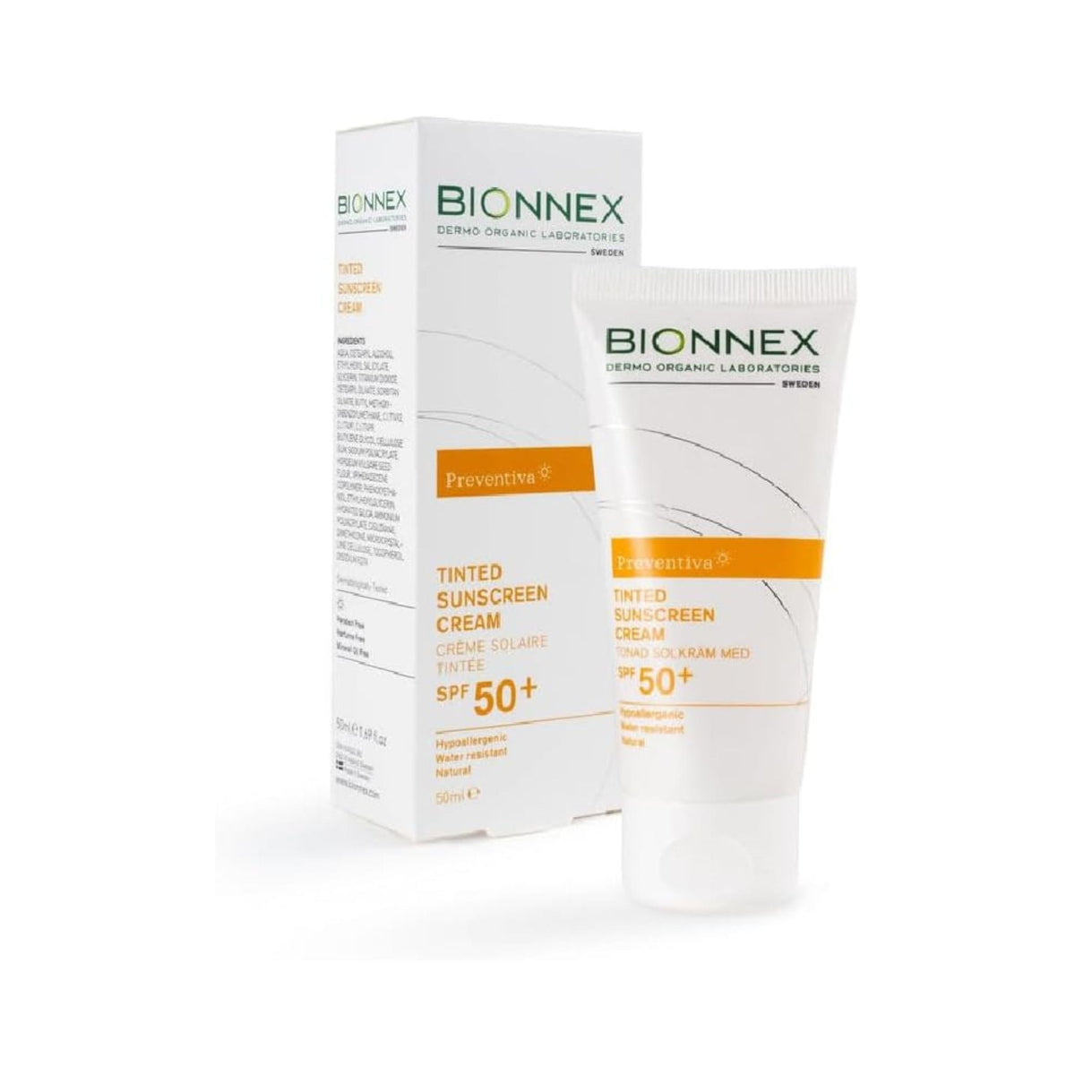 Refect Beauty Bionnex Preventiva SPF50+ tinted sunscreen tube and box for high UVA/UVB protection and even skin tone.