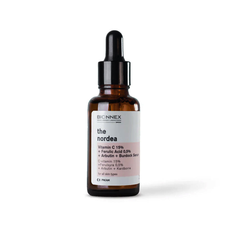 Refect Beauty Bionnex The Nordea 15% Vitamin C brightening facial serum in a brown glass dropper bottle.