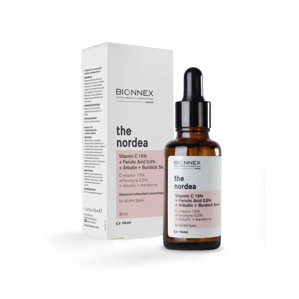 Refect Beauty Bionnex THE NORDEA 15% Vitamin C serum bottle and white product box on a white background.