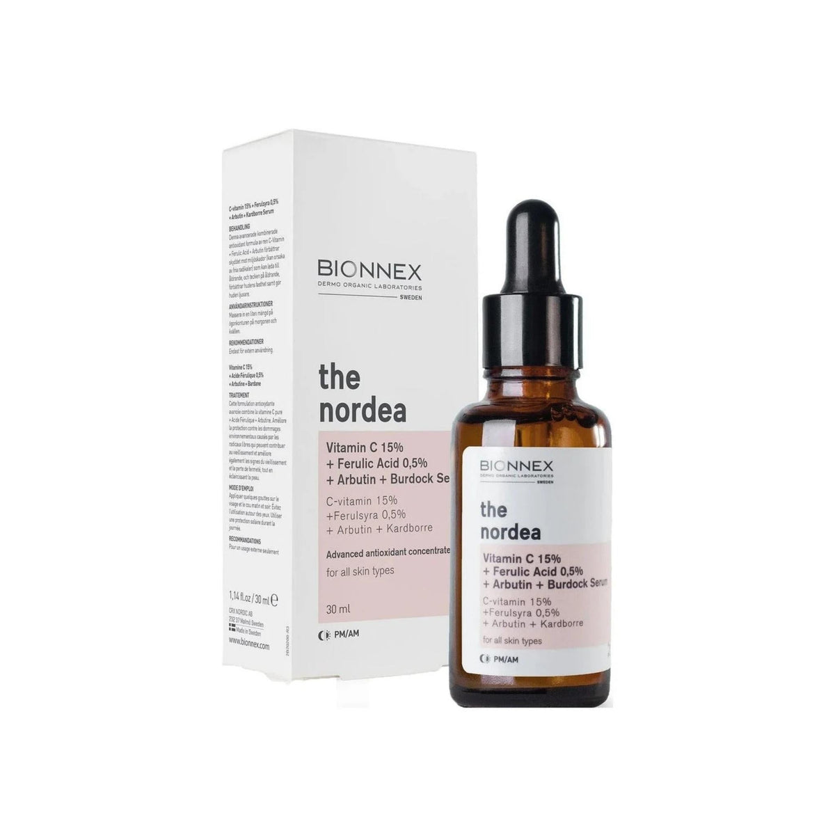 Refect Beauty Bionnex THE NORDEA 15% Vitamin C brightening serum bottle with dropper and product packaging box.