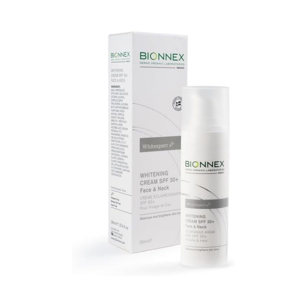 Refect Beauty Bionnex Whitexpert SPF30+ whitening face and neck cream in a white bottle with matching product box.