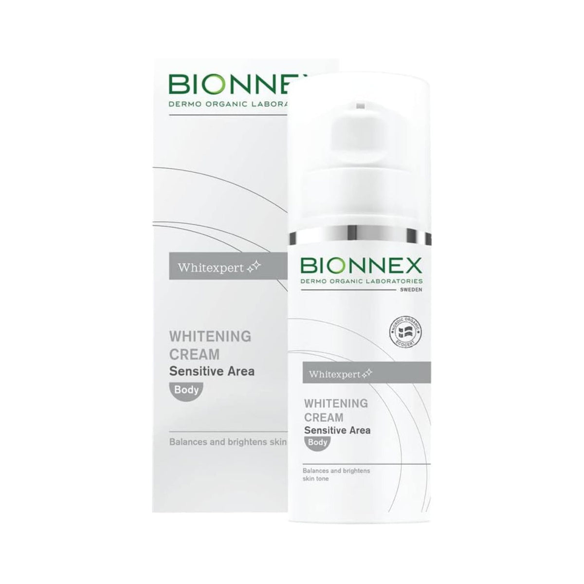Refect Beauty Bionnex Whitexpert whitening cream for sensitive areas in a white pump bottle with matching box packaging