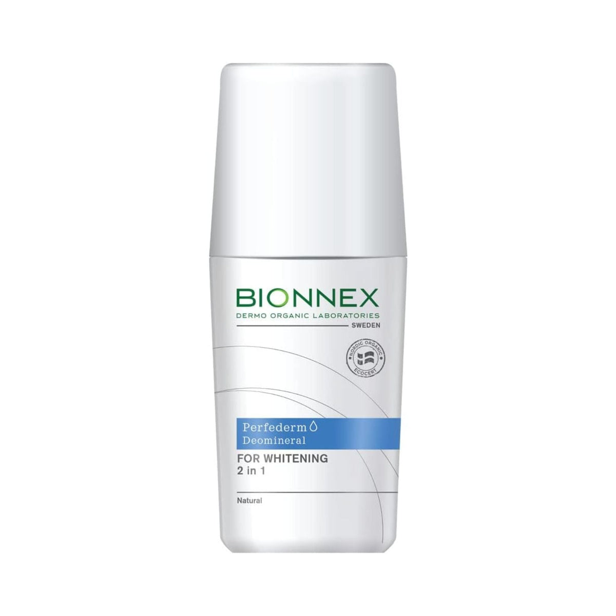 Refect Beauty Bionnex Perfederm Deomineral whitening deodorant in a white roll-on bottle with blue accents.