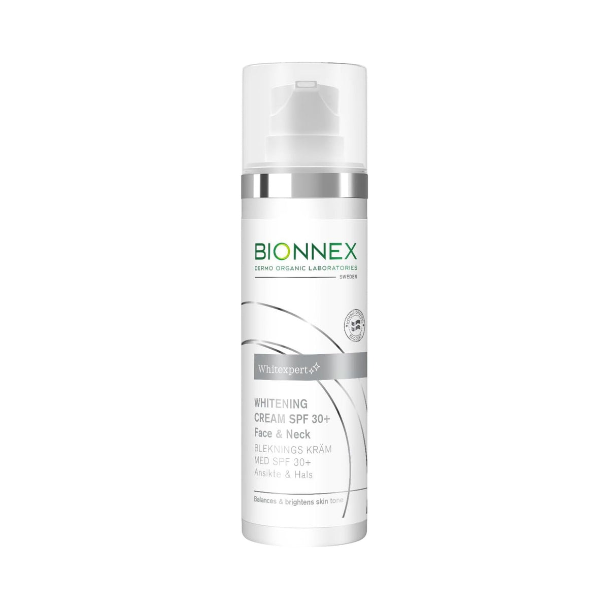 Refect Beauty Bionnex Whitexpert SPF30+ whitening face and neck cream in a white pump bottle with silver accents.