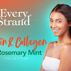 Refect Beauty Every Strand Biotin, Collagen & Rosemary Mint hair conditioner advertisement with a smiling woman.