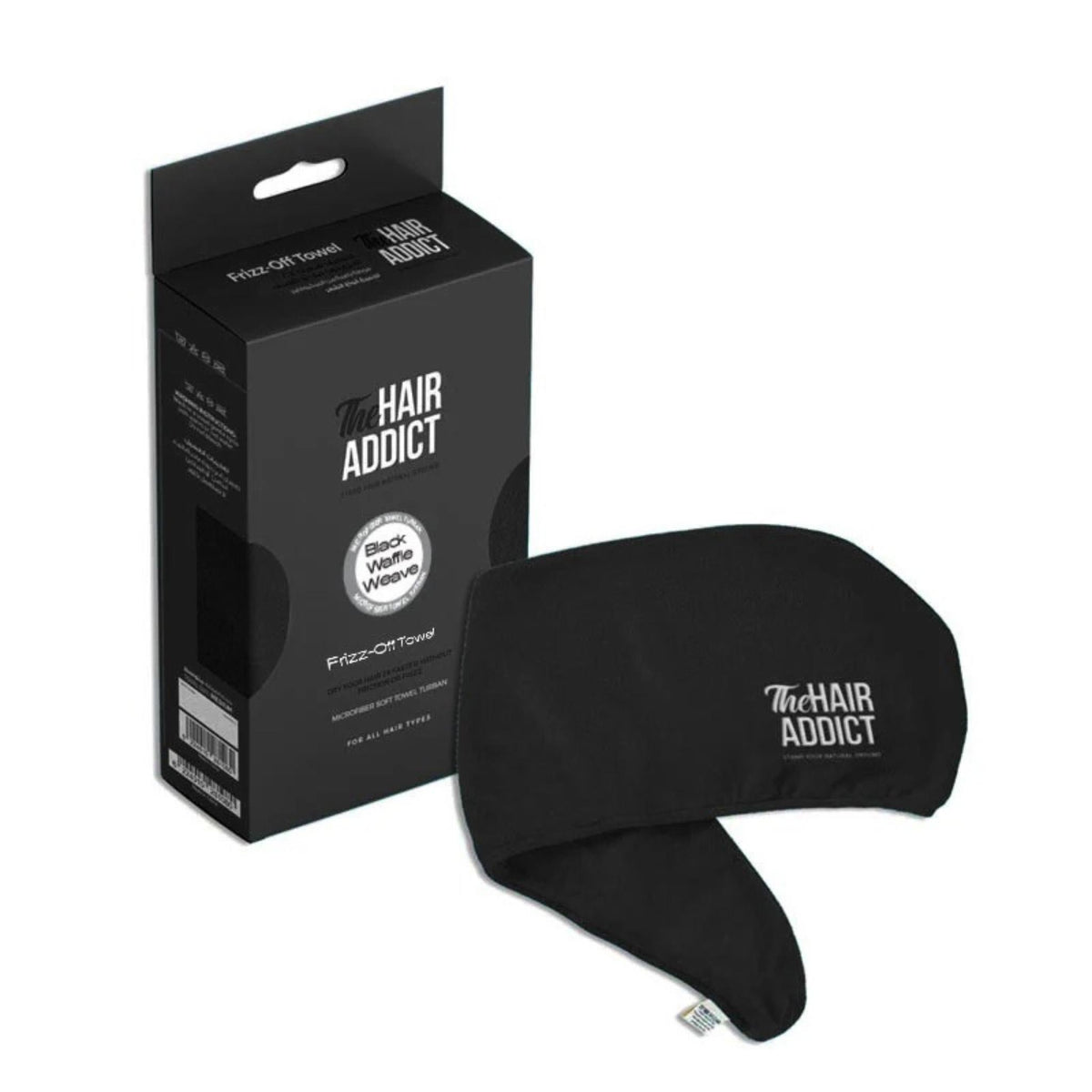 Refect Beauty The Hair Addict black microfiber hair towel with waffle weave texture and branded packaging box