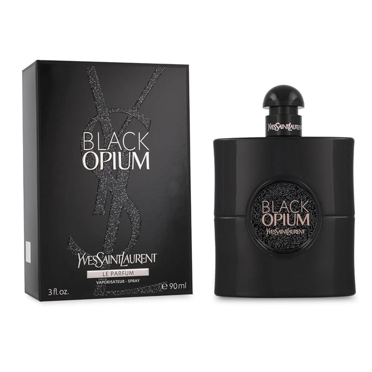 Refect Beauty Yves Saint Laurent Black Opium Le Parfum bottle and box featuring a black glittery design
