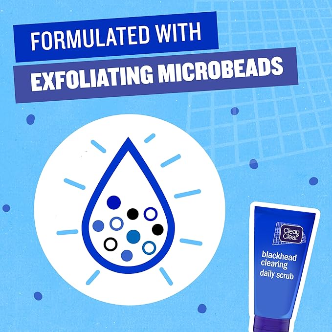 Refect Beauty Clean & Clear Blackhead Clearing Daily Scrub tube with exfoliating microbead graphic on blue background