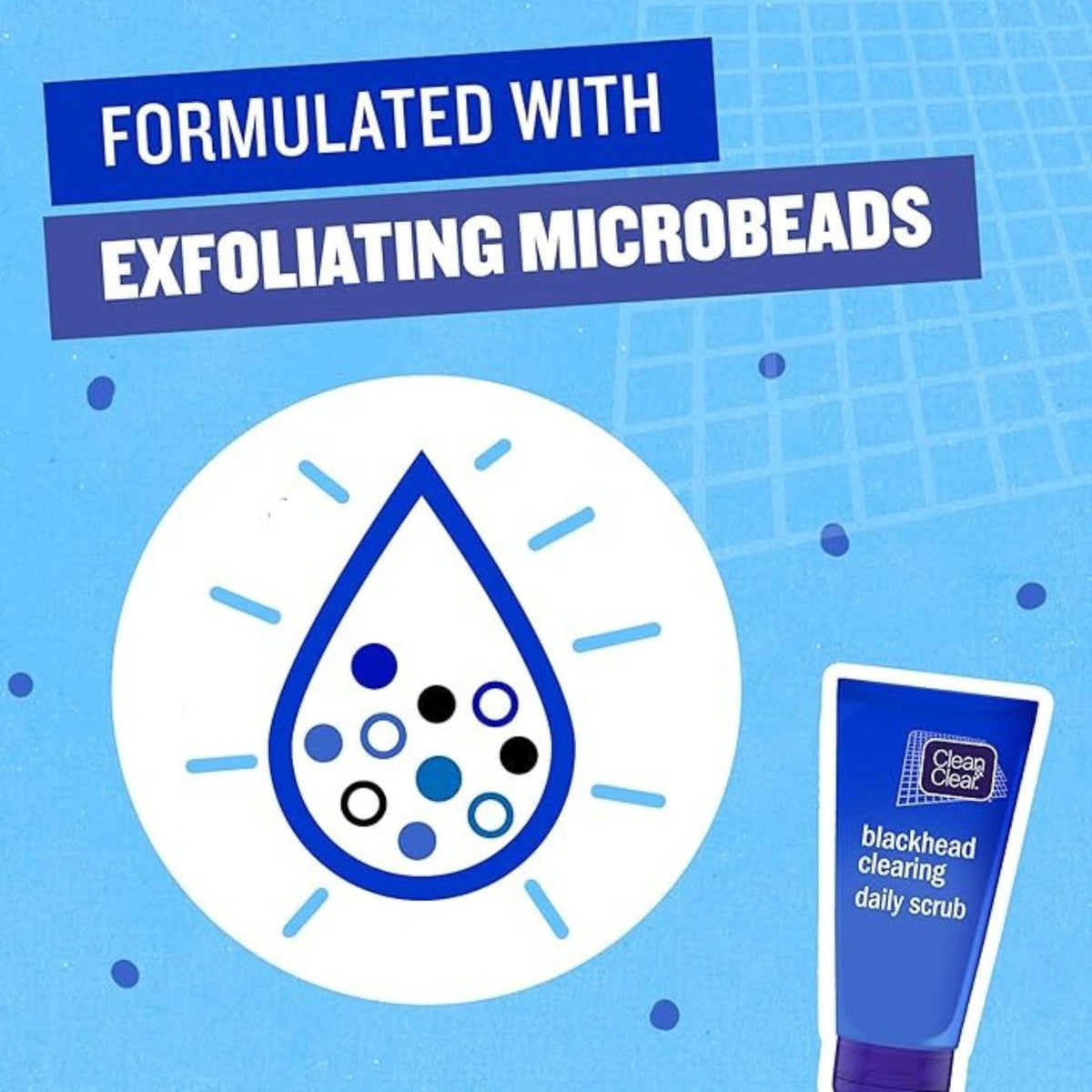 Refect Beauty Clean & Clear Blackhead Clearing Daily Scrub tube with exfoliating microbead graphic on blue background