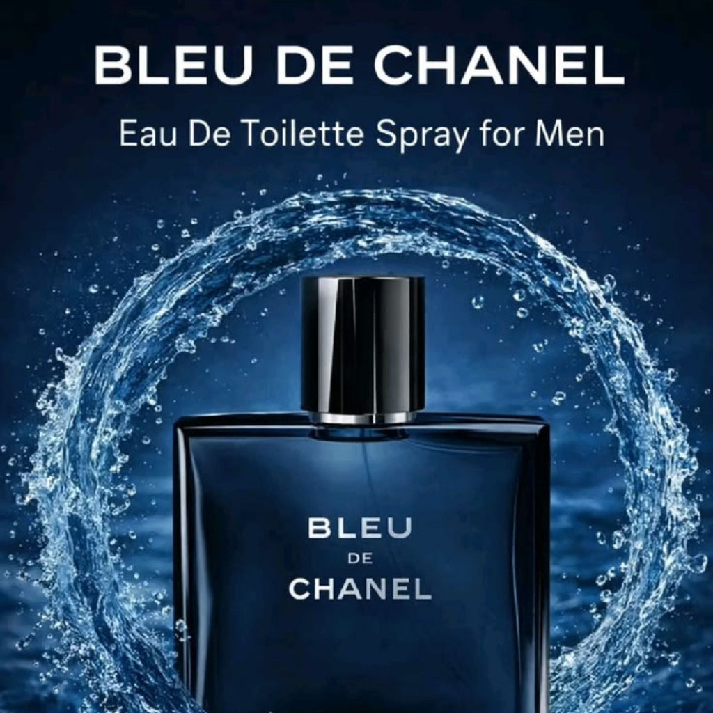 Refect Beauty Bleu de Chanel Eau de Toilette bottle surrounded by a dynamic splash of water on a dark blue background