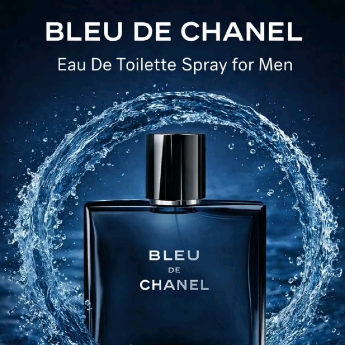 Refect Beauty Bleu de Chanel Eau de Toilette bottle surrounded by a dynamic splash of water on a dark blue background