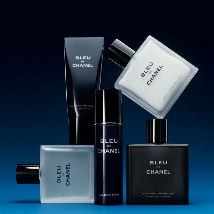 Refect Beauty collection of Bleu de Chanel grooming products including all-over spray, cleansing gel, and moisturizers.