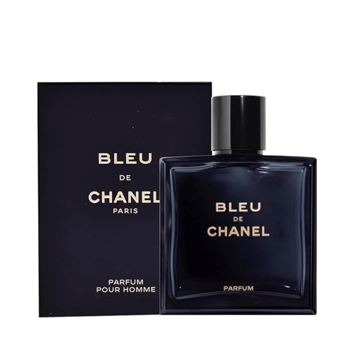 Refect Beauty Bleu de Chanel Parfum bottle and dark blue box packaging for a woody aromatic men's fragrance 150ml