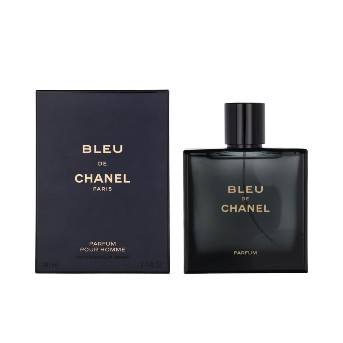 Refect Beauty Bleu De Chanel Parfum bottle and its dark blue box packaging featuring gold lettering 100ml