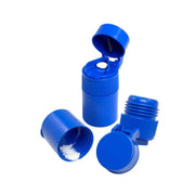 Refect Beauty blue plastic pill crusher with screw-cap mechanism and built-in storage for easy medication grinding.