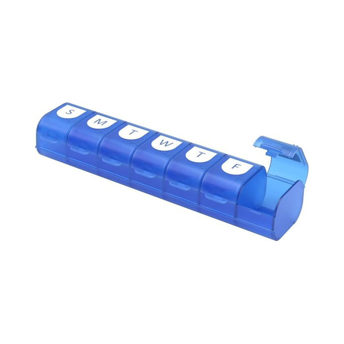 Refect Beauty blue 7-day weekly pill organizer with easy-fill snap-shut compartments and daily labels