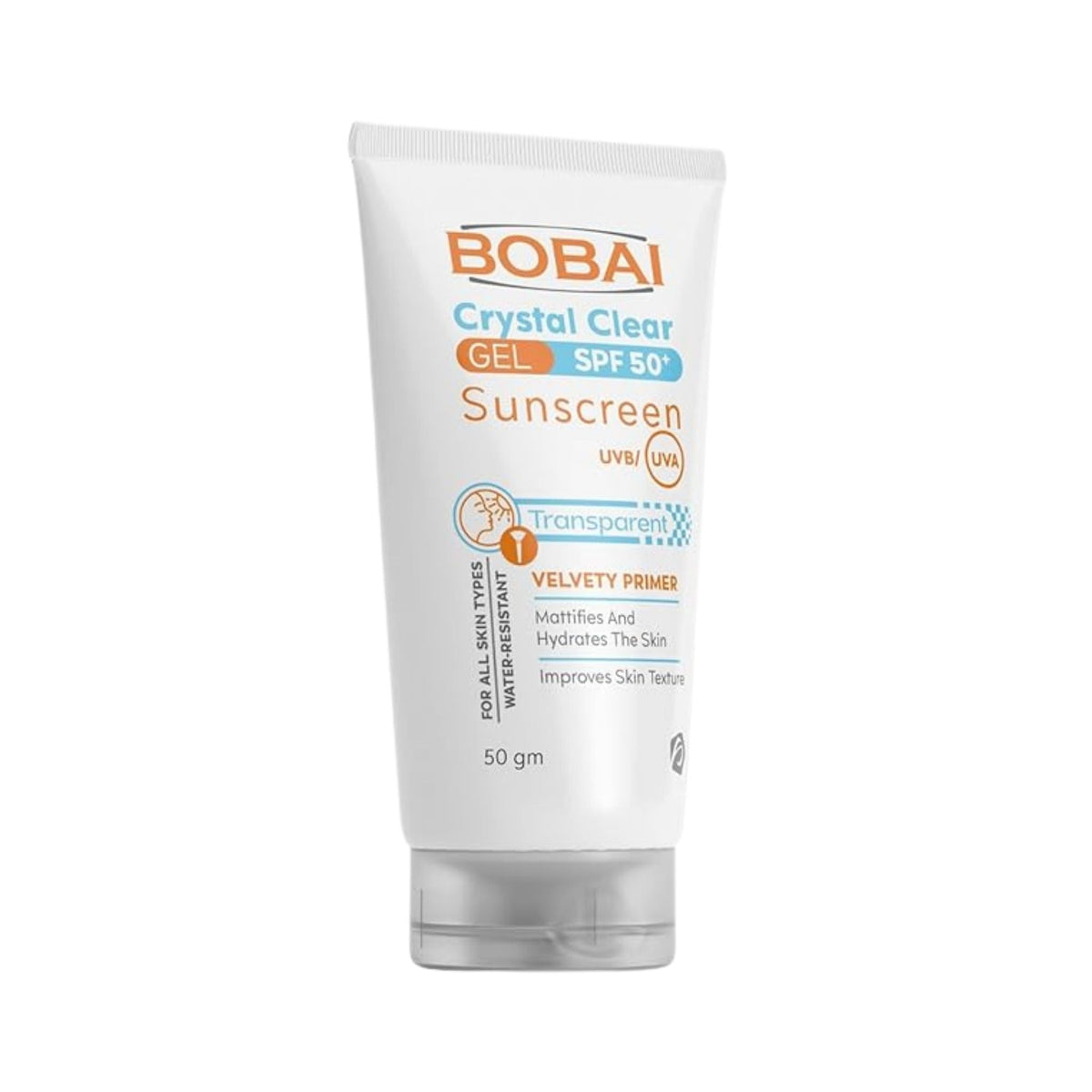Refect Beauty BOBAI Crystal Clear Sunscreen Gel SPF 50+ in a white 50g tube for invisible sun protection