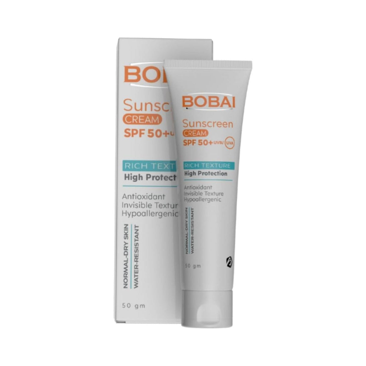 Refect Beauty BOBAI SPF 50+ sunscreen cream tube and box for high UVA and UVB protection on normal to dry skin