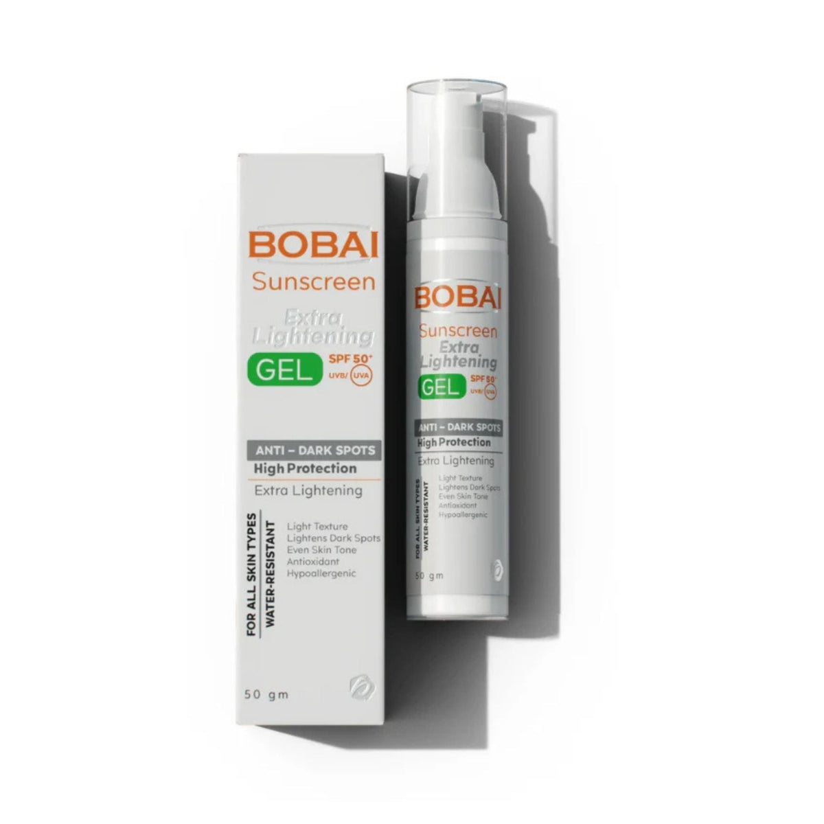 Refect Beauty BOBAI SPF 50 sunscreen gel bottle and box for anti-dark spot protection and even skin tone