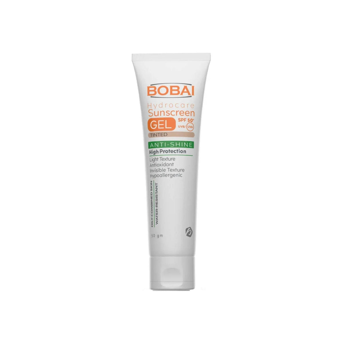 Refect Beauty BOBAI Hydrocare tinted sunscreen gel SPF 50+ in a 50g white squeeze tube for oily skin