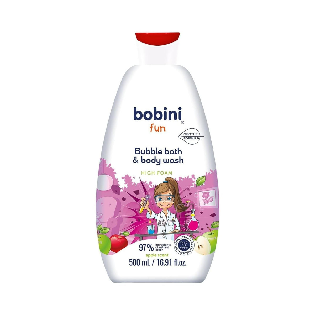 Refect Beauty Bobini apple scented 2-in-1 bubble bath and body wash for kids in a 500ml bottle with fun graphics.